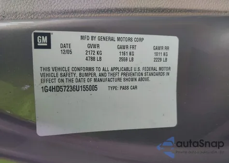 2006 Buick Lucerne Cxl из США, поврежденный, VIN 1G4HD57236U155005